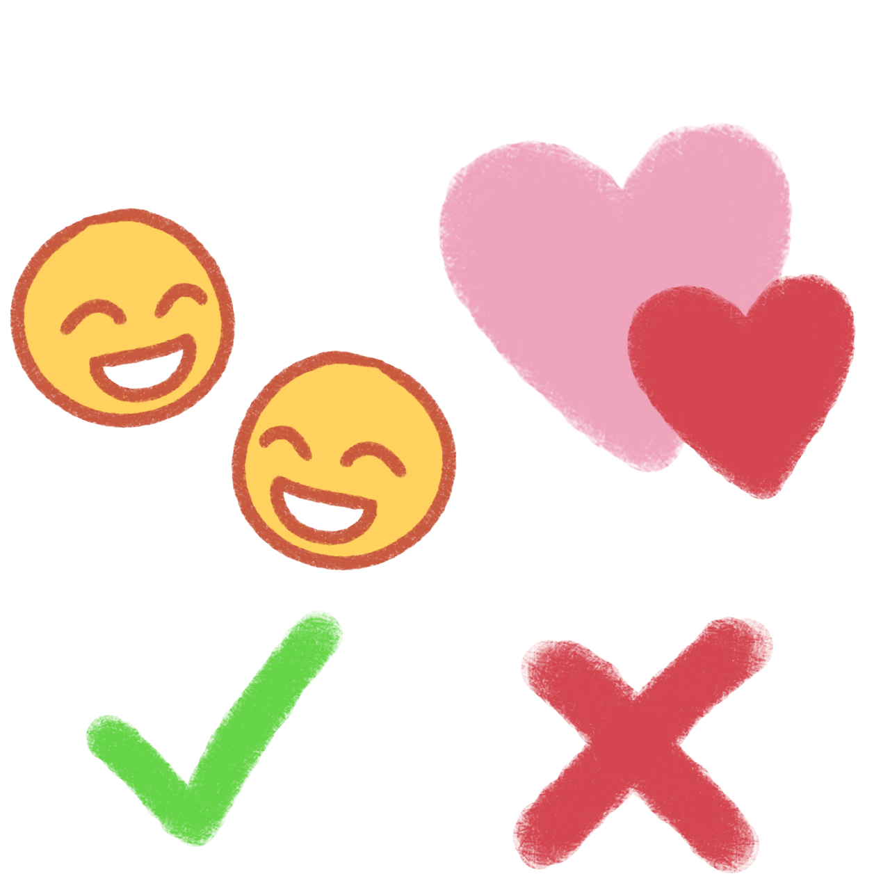  on the right is a pink heart overlayed with a red heart, over a red x. on the left is two smiling yellow emoji faces facing each other, over green check.